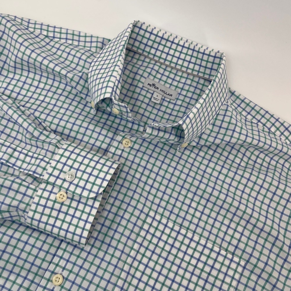 Peter Millar Button Down Shirt Men L Green Blue Check Gingham Long Sleeve Pocket